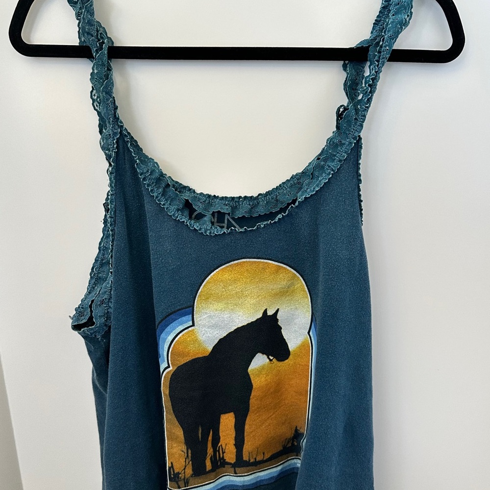 Chaser brand Blue Lace Trim Top with Yellow Accent sun with horse